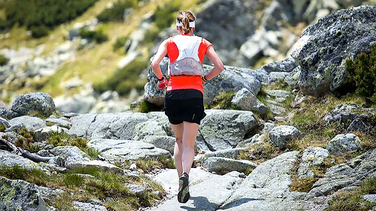 A Female Trail Runner On A Rocky Trail Above Tree Line