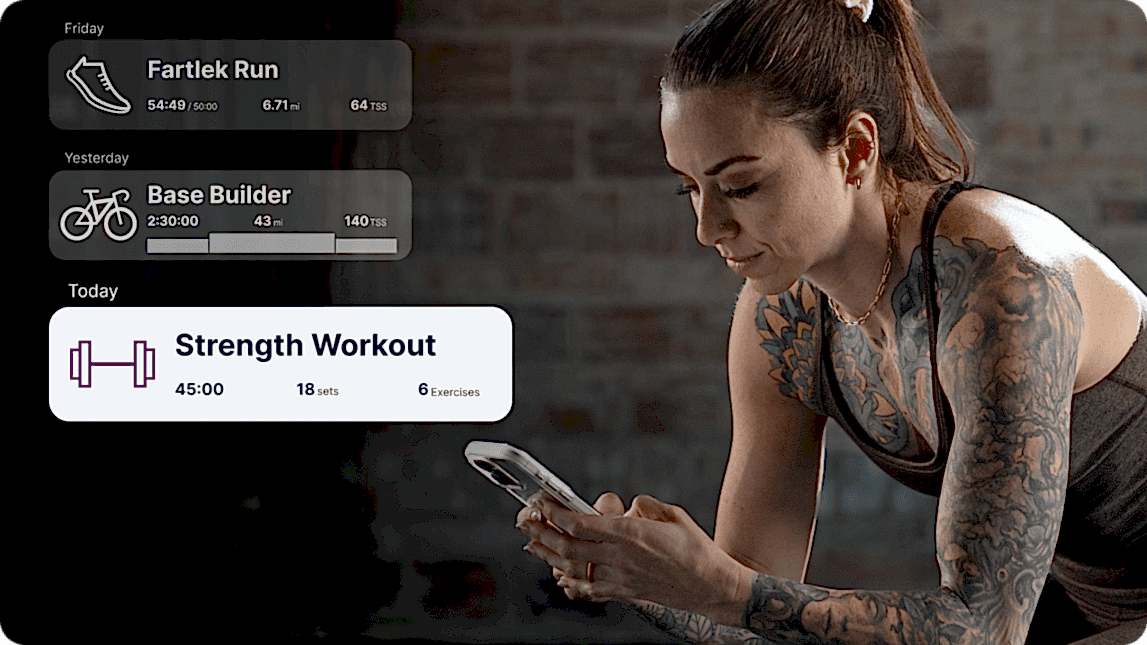 A Female Athlete Looks At Her Phone In A Gym. Overlaid On The Graphic Are A Run, Bike And Strength Workout Elements From The Trainingpeaks Application